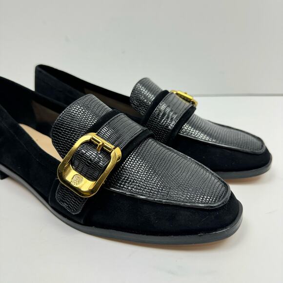 NEW Vince Camuto Cenkanda Black Leather & Suede Gold Buckle Slip On Loafer Flat - Picture 8 of 12